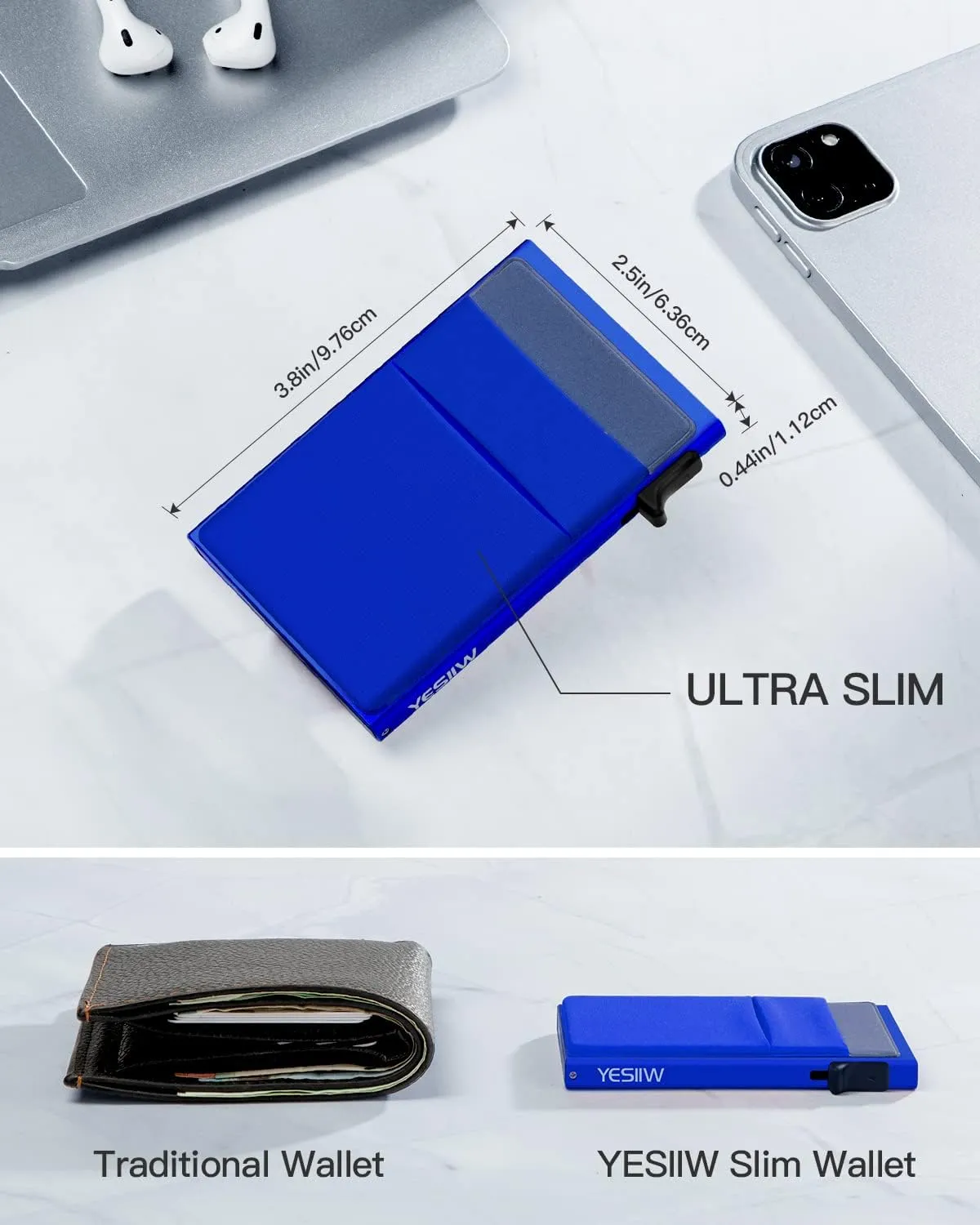 YESIIW Pop up Credit Card Holder RFID Blocking with Money Pocket Minimalist Business Card Wallet for Men Slim Aluminum Metal Bank Card Case for Cards and Notes and Coins Royal Blue