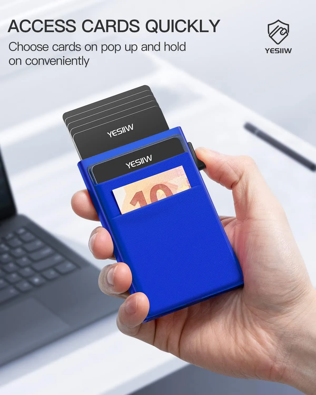 YESIIW Pop up Credit Card Holder RFID Blocking with Money Pocket Minimalist Business Card Wallet for Men Slim Aluminum Metal Bank Card Case for Cards and Notes and Coins Royal Blue