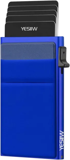 YESIIW Pop up Credit Card Holder RFID Blocking with Money Pocket Minimalist Business Card Wallet for Men Slim Aluminum Metal Bank Card Case for Cards and Notes and Coins Royal Blue