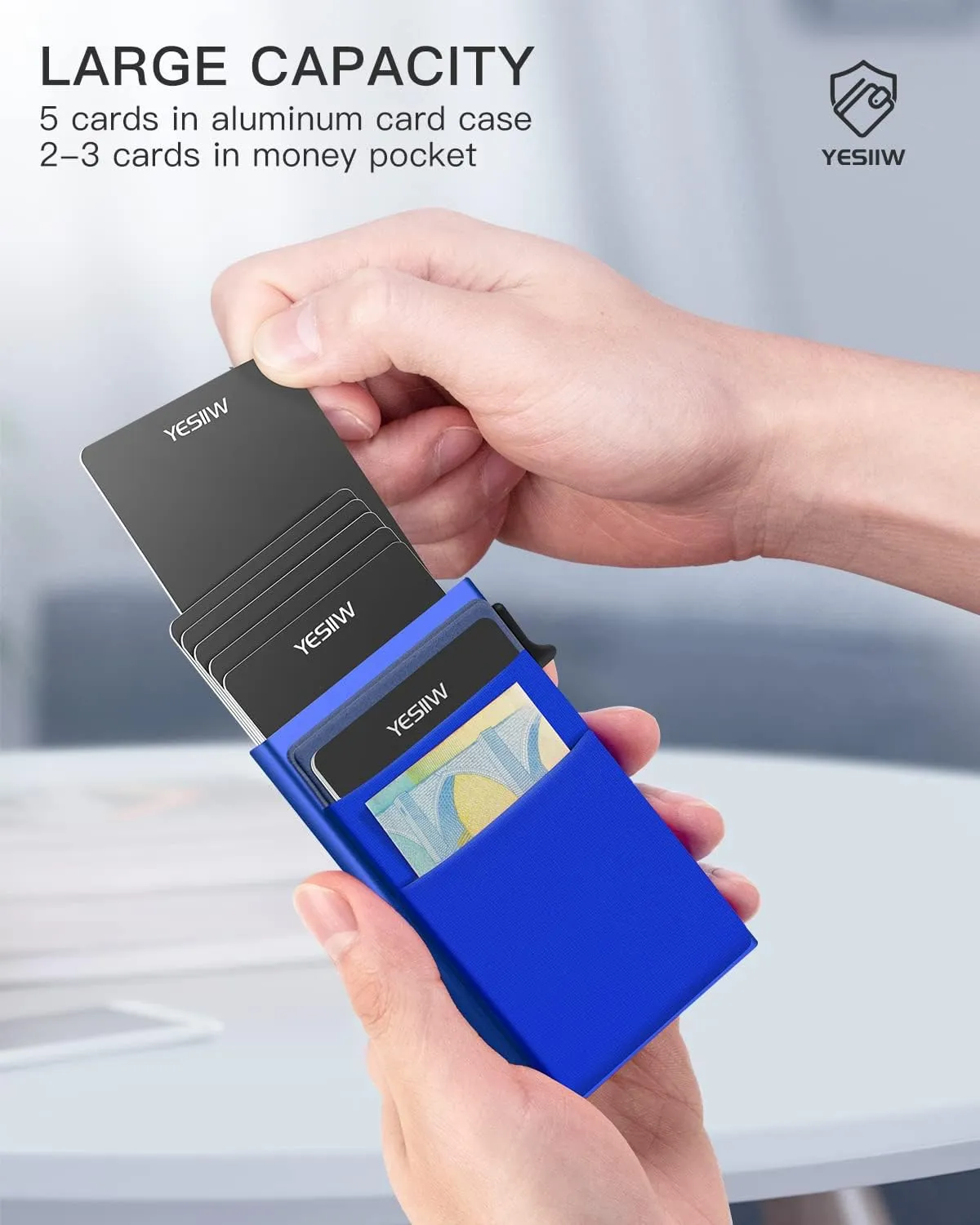 YESIIW Pop up Credit Card Holder RFID Blocking with Money Pocket Minimalist Business Card Wallet for Men Slim Aluminum Metal Bank Card Case for Cards and Notes and Coins Royal Blue