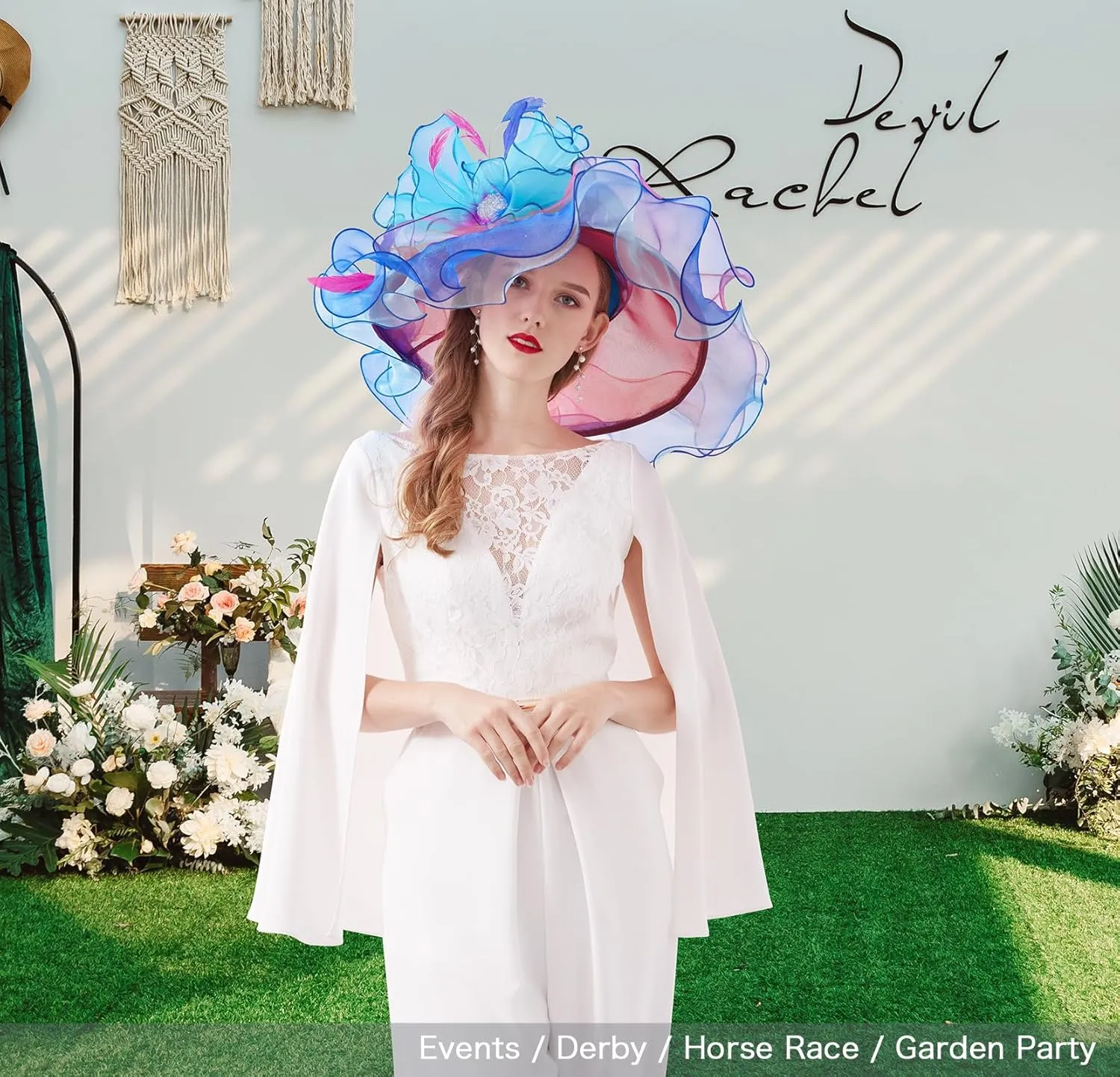 Z&X Women Organza Church Derby Hat Wide Brim Sun Hats for Wedding Tea Party Fascinator Hat, Dual-use