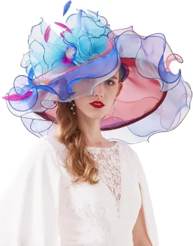 Z&X Women Organza Church Derby Hat Wide Brim Sun Hats for Wedding Tea Party Fascinator Hat, Dual-use