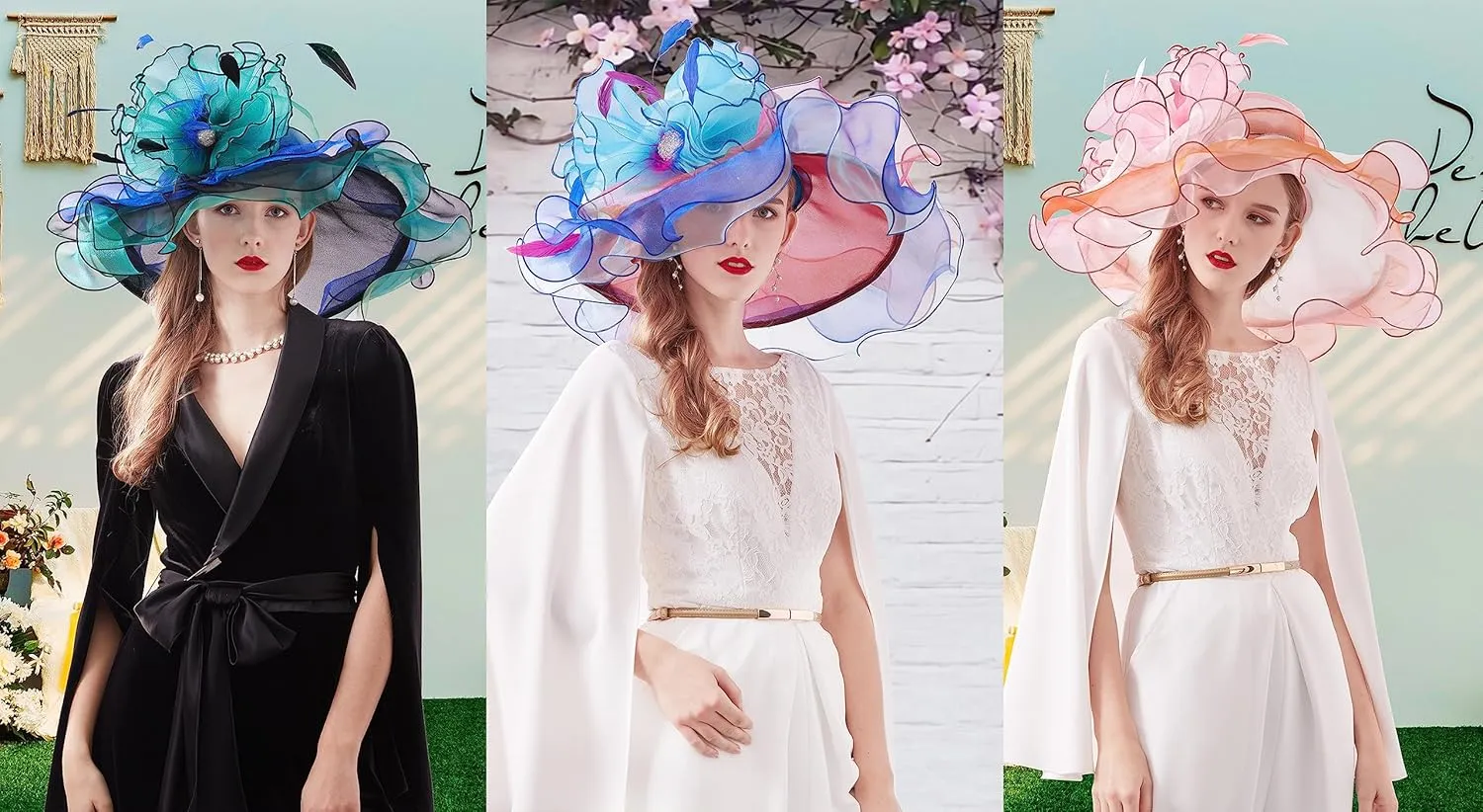 Z&X Women Organza Church Derby Hat Wide Brim Sun Hats for Wedding Tea Party Fascinator Hat, Dual-use