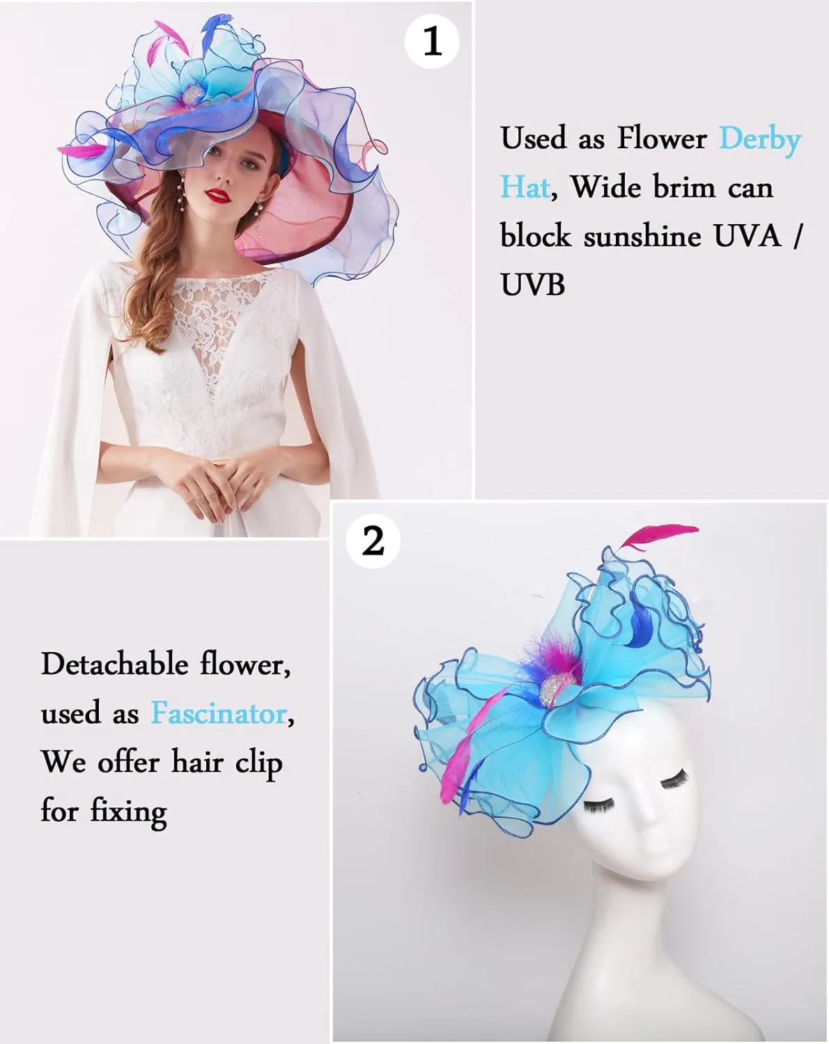 Z&X Women Organza Church Derby Hat Wide Brim Sun Hats for Wedding Tea Party Fascinator Hat, Dual-use