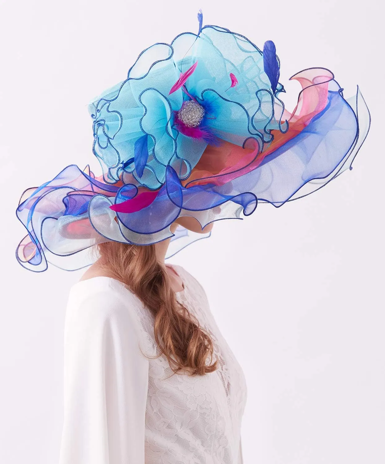 Z&X Women Organza Church Derby Hat Wide Brim Sun Hats for Wedding Tea Party Fascinator Hat, Dual-use