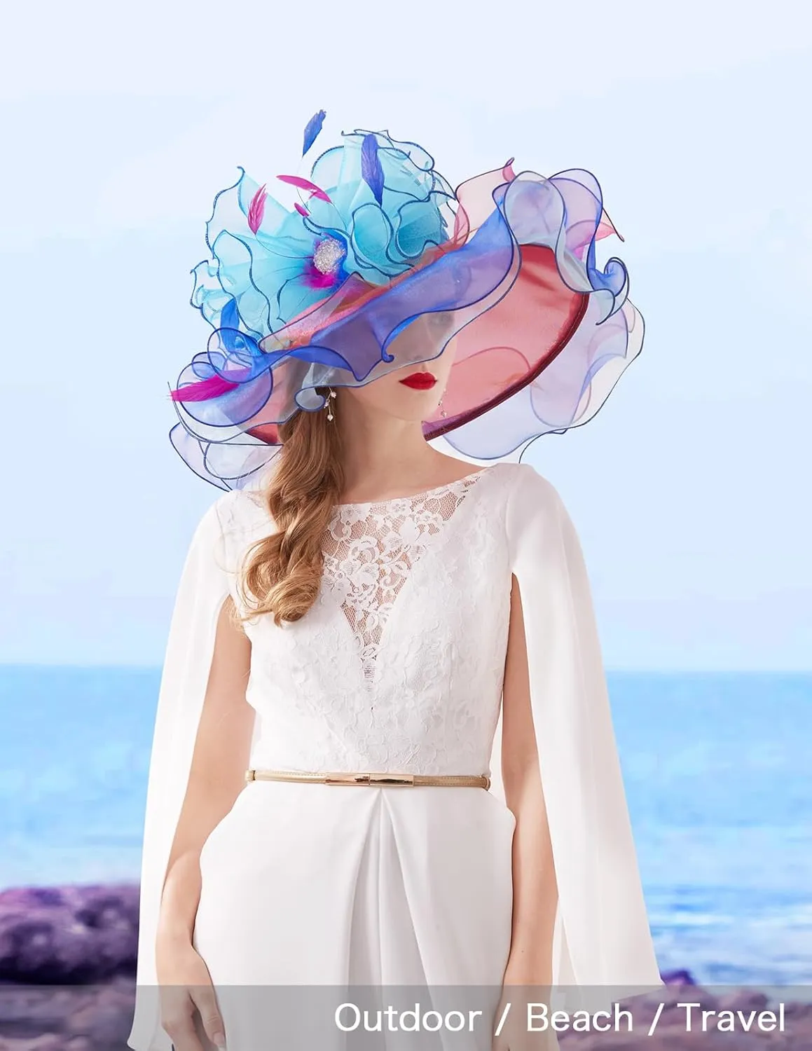 Z&X Women Organza Church Derby Hat Wide Brim Sun Hats for Wedding Tea Party Fascinator Hat, Dual-use